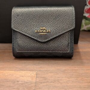 Coach Black Pebbled Leather Compact Envelope Wallet with Gold Logo